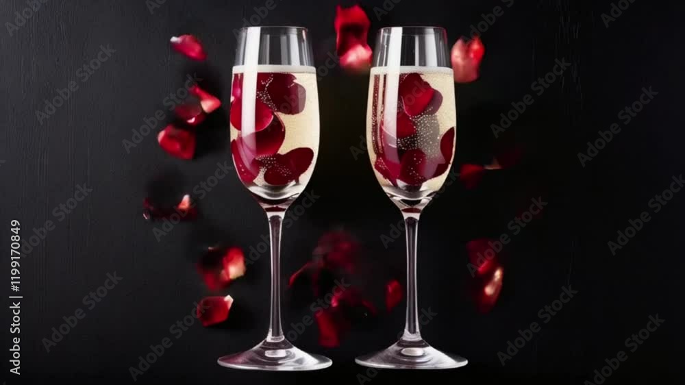 Two champagne glasses with red rose petals on a dark background, romantic table setting, a romantic Valentine's Day dining scene, Valentine's Day concept, love, 14th February, affection, generative ai Two champagne glasses with red rose petals on a dark background, romantic table setting, a romantic Valentine's Day dining scene, Valentine's Day concept, love, 14th February, affection, generative ai