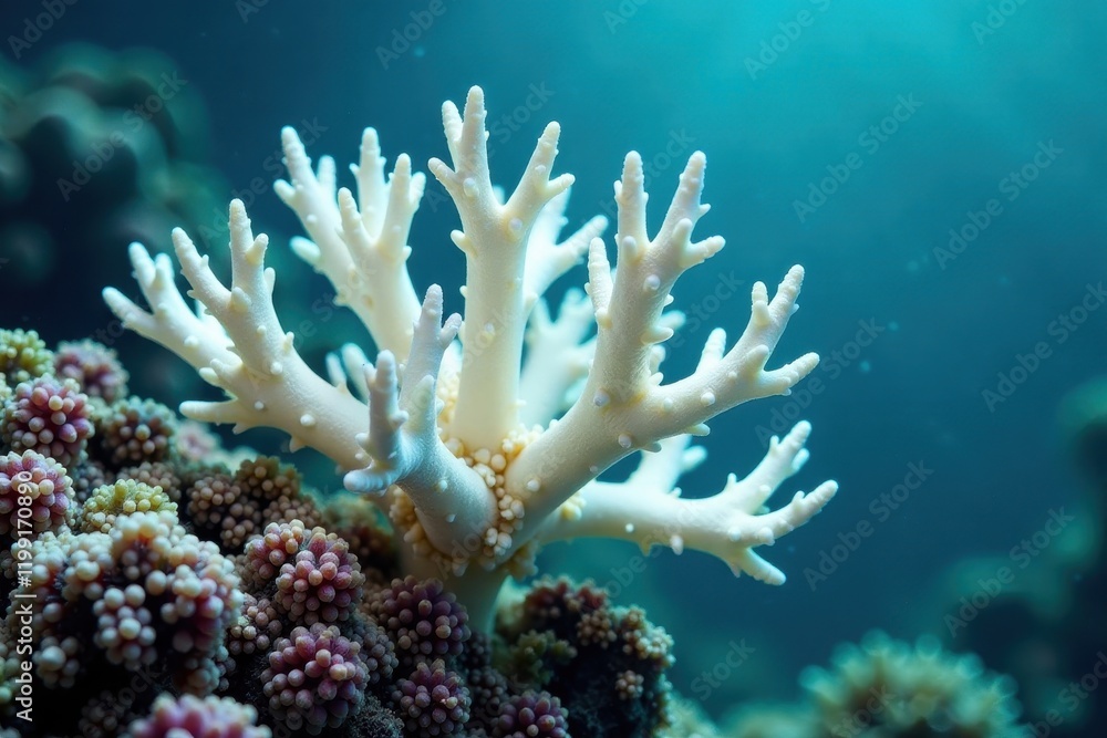 Fototapeta premium Ghostly white coral skeleton, stark against blue water, white coral, ocean, bleached