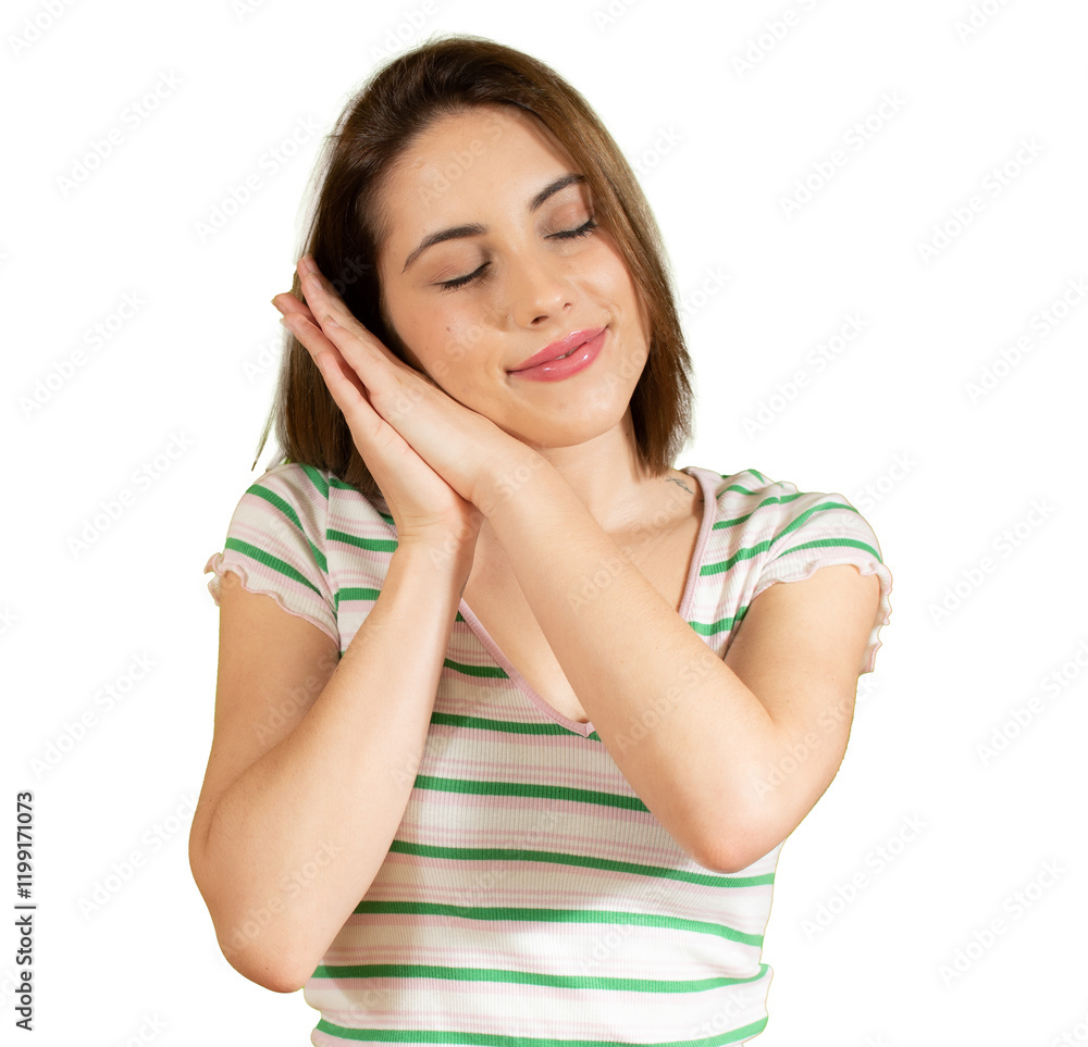 Portrait of a young woman standing and sleeping isolated over transparent background. PNG transparent. Portrait of a young woman standing and sleeping isolated over transparent background. PNG transparent.