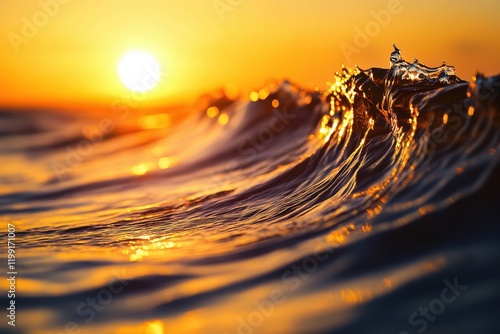 Majestic waves at sunset coastal beach photography serene environment close-up view illuminated by golden light photo