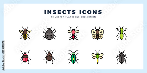 10 Insects Lineal Color icons pack. vector illustration.