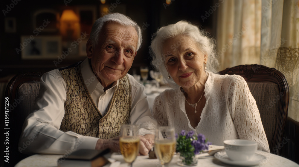 An elderly couple sitting in a restaurant, celebrating a holiday, drinking champagne An elderly couple sitting in a restaurant, celebrating a holiday, drinking champagne