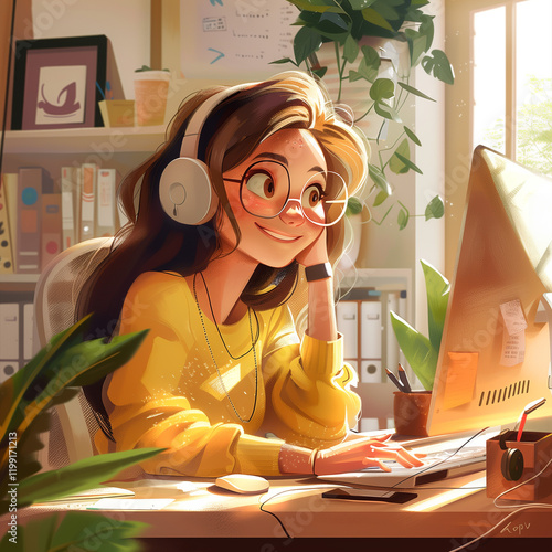 Customer support. Cute happy girl with glasses sitting at the computer, wearing headphones and smiling while working on the computer in the style of digital illustration. Working from home