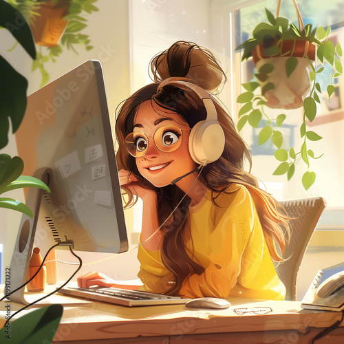 Customer support. Cute happy girl with glasses sitting at the computer, wearing headphones and smiling while working on the computer in the style of digital illustration. Working from home
