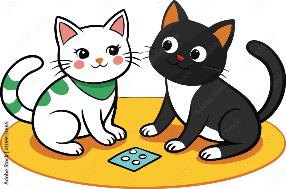 Obraz premium Two playing cats black and white coloring book page for kids vector illustration