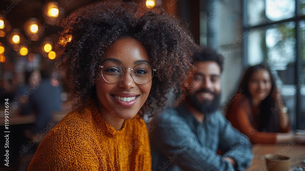 Smiling individuals socializing in a cozy modern café environment Smiling individuals socializing in a cozy modern café environment