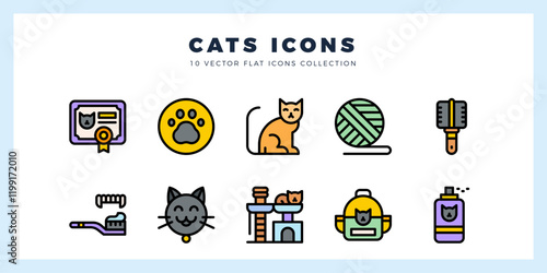 10 Cats Lineal Color icon pack. vector illustration.