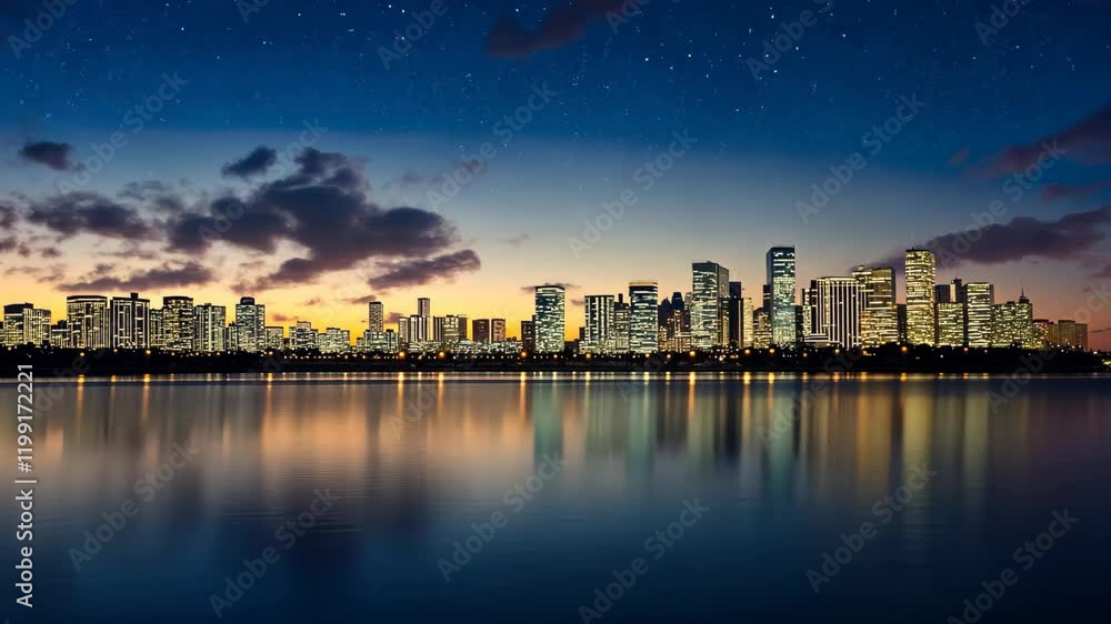 Calm evening skyline with animated cityscape and serene water reflections, Animated background panorama cityscape with calm water at dusk ing time-lapse video Calm evening skyline with animated cityscape and serene water reflections, Animated background panorama cityscape with calm water at dusk ing time-lapse video