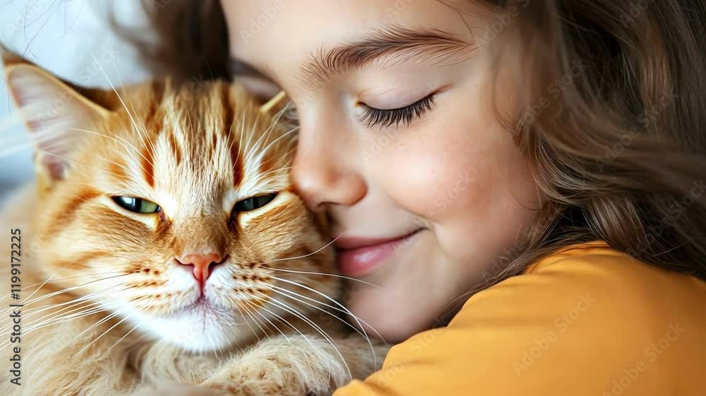 A girl happily embracing her fluffy cat in a cozy setting, radiating warmth and love. A girl happily embracing her fluffy cat in a cozy setting, radiating warmth and love.