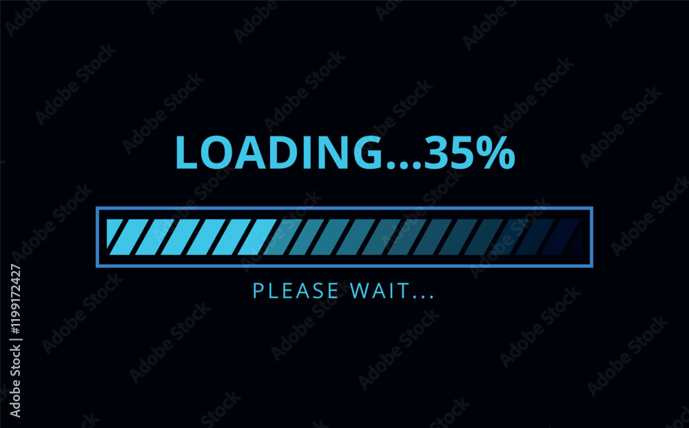 Light blue loading bar on dark blue background for websites and graphic resources. 35% loaded bar illustration. Light blue loading bar on dark blue background for websites and graphic resources. 35% loaded bar illustration.