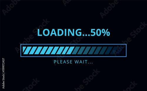 Light blue loading bar on dark blue background for websites and graphic resources. 50% loaded bar illustration.