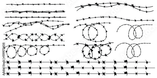 Twisted Barbed wire and fence set in line, round and square shapes. Steel black wire twists and spikes silhouette vector. Concept of protection, danger or security.