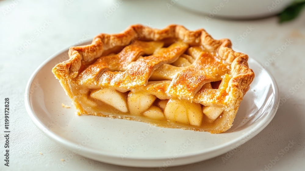 Golden apple pie slice showcasing flaky crust and succulent appl Golden apple pie slice showcasing flaky crust and succulent appl