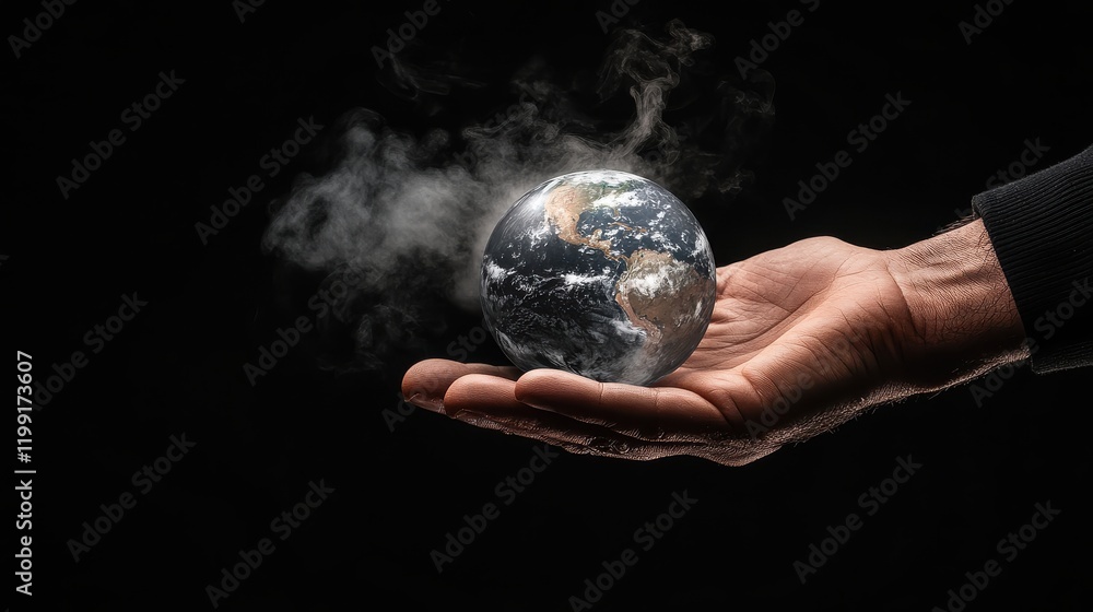 Global warming impact on earth human hands conceptual image dark background close-up environmental awareness Global warming impact on earth human hands conceptual image dark background close-up environmental awareness