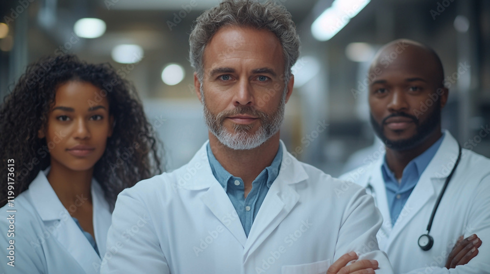 Fototapeta premium A Confident Doctor Team Working Together in a Hospital Setting to Provide Exceptional Healthcare Generative AI