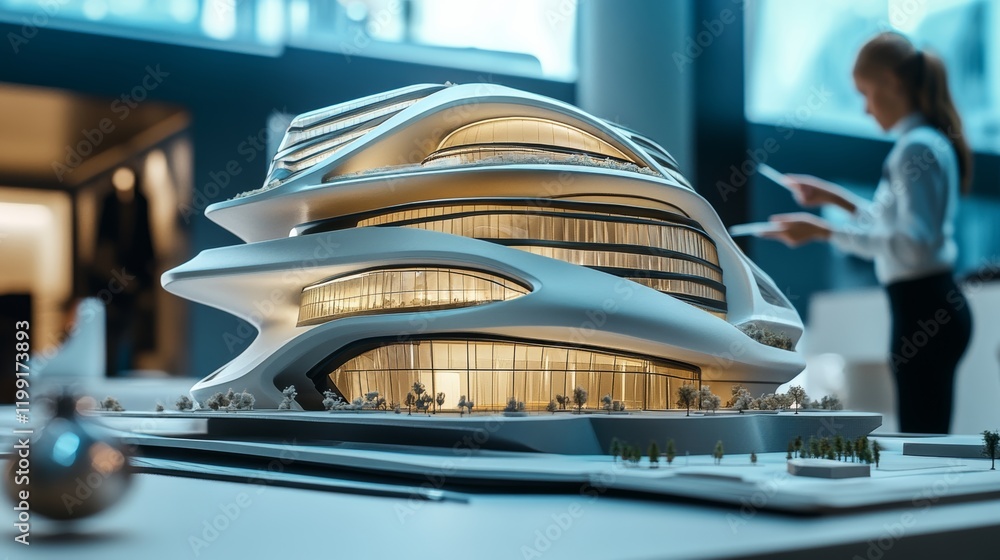 An architect presenting a 3D model of a futuristic building design for Dubai, An architect presenting a 3D model of a futuristic building design for Dubai,