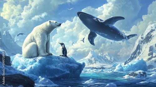 Majestic polar bear and whale in arctic landscape. photo