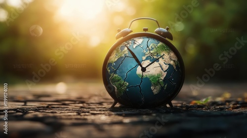 Global warming alarm earth in crisis a clock ticking in nature highlighting urgency beautifully captured at sunrise photo