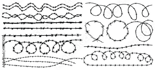 Twisted Barbed wire and fence set in line, round and square shapes. Steel black wire twists and spikes silhouette vector. Concept of protection, danger or security.