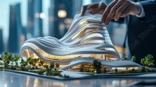 Fototapeta Naklejka Na Ścianę i Meble -  An architect presenting a 3D model of a futuristic building design for Dubai,