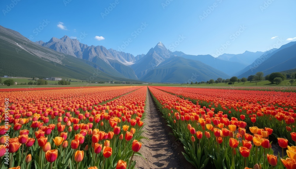 Field of tulips with mountains in the background. Field of tulips with mountains in the background.