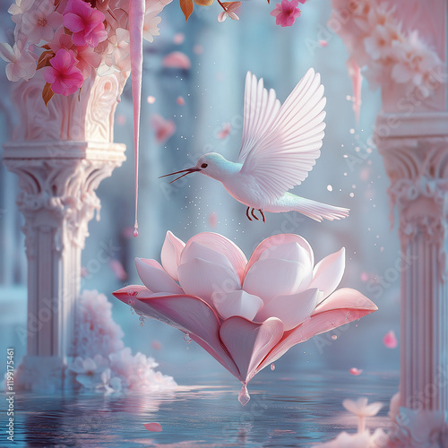 Delicate pink and white lotus flower is artfullyarranged with a beautifully crafted heart . A majestic hummingbird with intricately detailed wings adds a touch of magic to the composition
