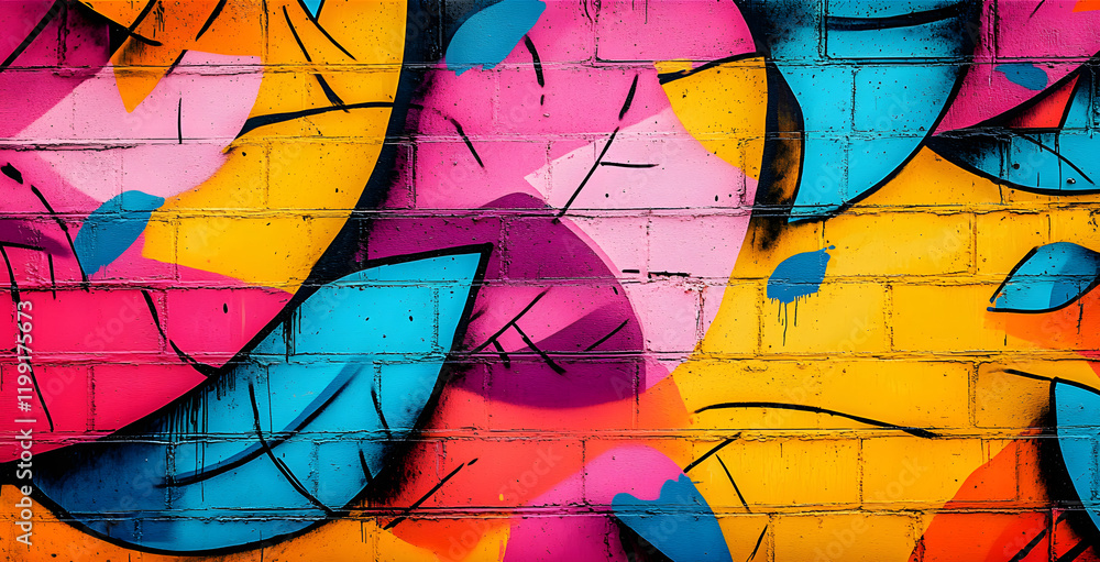 Fototapeta premium Bright pop art graffiti wall textured background wallpaper design. Vivid neon color palette