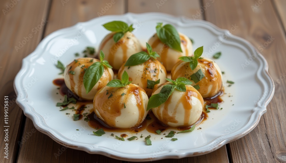 Mozzarella balls with basil and balsamic drizzle on a plate. Mozzarella balls with basil and balsamic drizzle on a plate.
