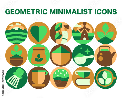 Matcha Tea Icon Set. Geometric Style with Leaves, Cups, Tea Fields, and Tools