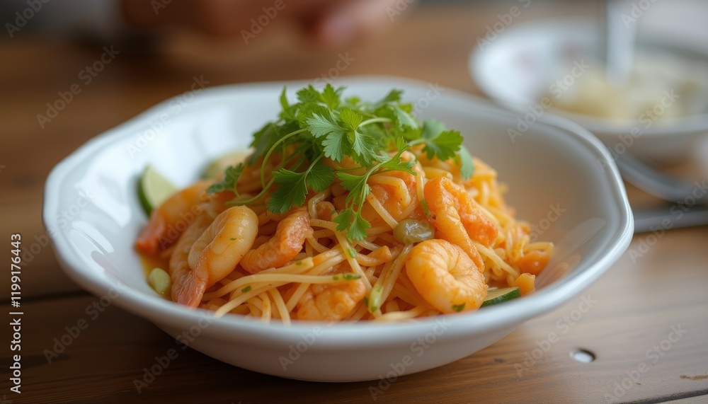 Spaghetti with shrimp and tomato sauce garnished with herbs. Spaghetti with shrimp and tomato sauce garnished with herbs.