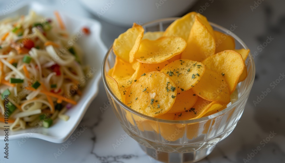Crispy potato chips in a bowl with a noodle salad. Crispy potato chips in a bowl with a noodle salad.