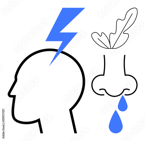 Head profile with blue lightning bolt symbolizing pain, next to leaf above a runny nose with blue droplets. Ideal for health, allergies, symptoms, pain, sinus issues, seasonal changes, medical