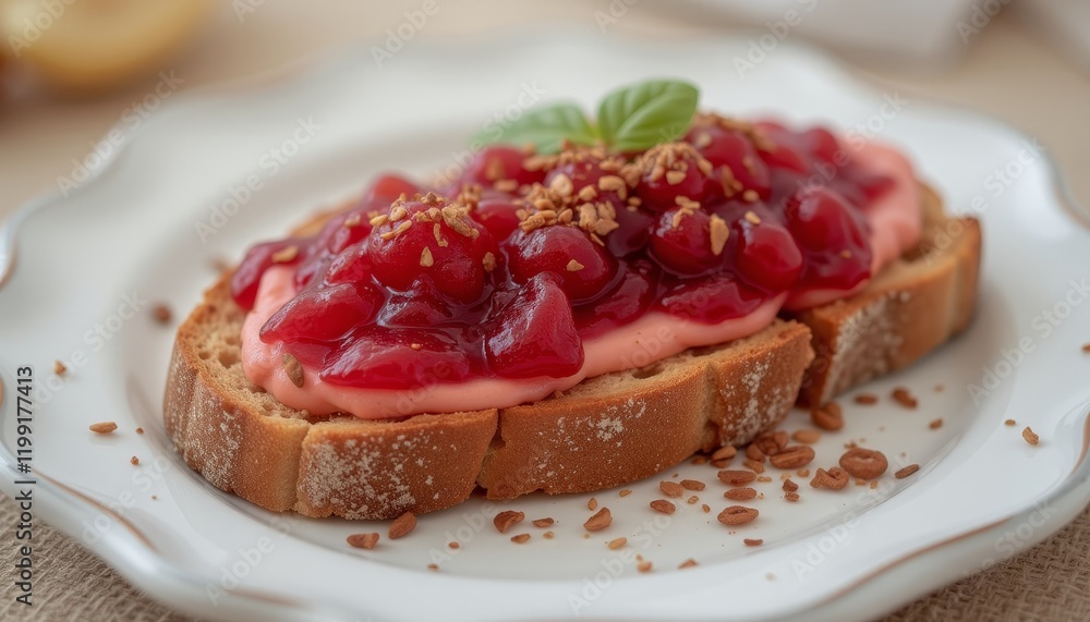 Toast topped with cherry compote and cream cheese. Toast topped with cherry compote and cream cheese.