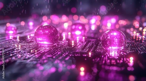 Glowing orbs on a futuristic circuit board, rain effect. photo