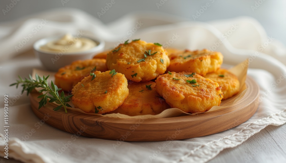 Crispy potato cakes garnished with herbs on a wooden platter. Crispy potato cakes garnished with herbs on a wooden platter.