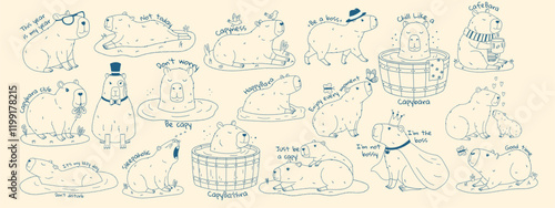 Cute capybara set with text. Set of exotic rodents swimming in pond, relaxing, eating leaves, walking. Crayon texture. Hand drawn vector illustration.
