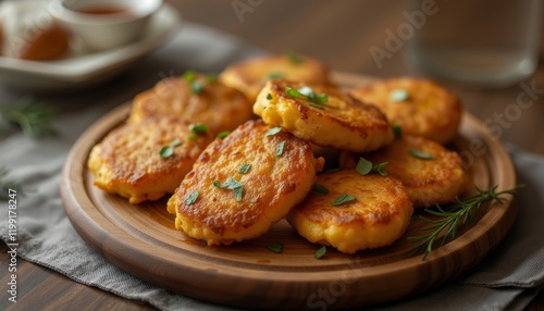 Crispy potato cakes garnished with herbs on a wooden platter.