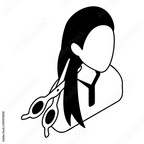 girl with hair thinning scissors in front of face isometric vector icon, beauty and personal care symbol, cosmetic dermatology sign, body aesthetics stock illustration, Hairdresser concept