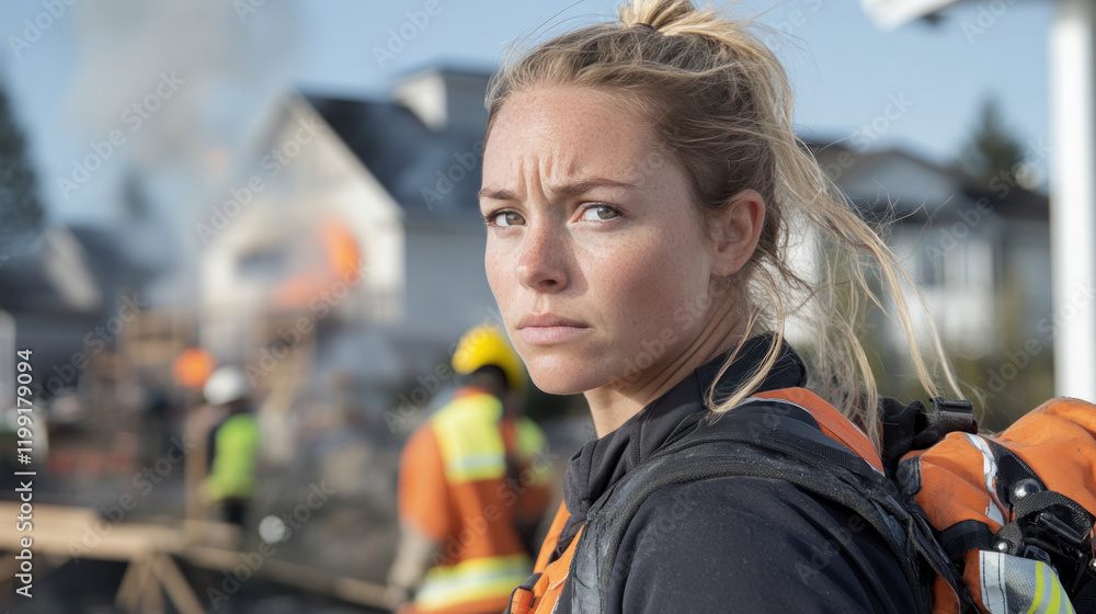 Caucasian firefighter woman seriously rescues putting out a fire in a resident's house Caucasian firefighter woman seriously rescues putting out a fire in a resident's house