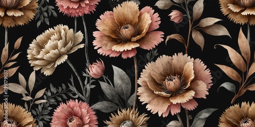 Elegant Botanical Watercolor Illustration with Minimalistic Floral Design on Black Background