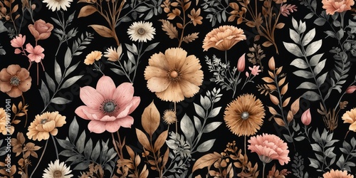 Elegant Botanical Watercolor Illustration with Minimalistic Floral Design on Black Background