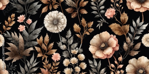 Elegant Botanical Watercolor Illustration with Minimalistic Floral Design on Black Background