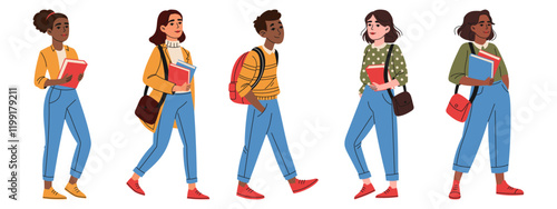 Set of young students with backpacks and books. Education concept. Hand drawn style