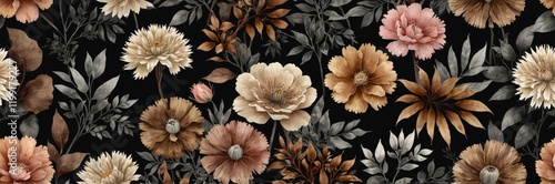 Elegant Botanical Watercolor Illustration with Minimalistic Floral Design on Black Background