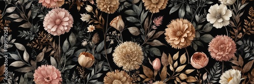 Elegant Botanical Watercolor Illustration with Minimalistic Floral Design on Black Background