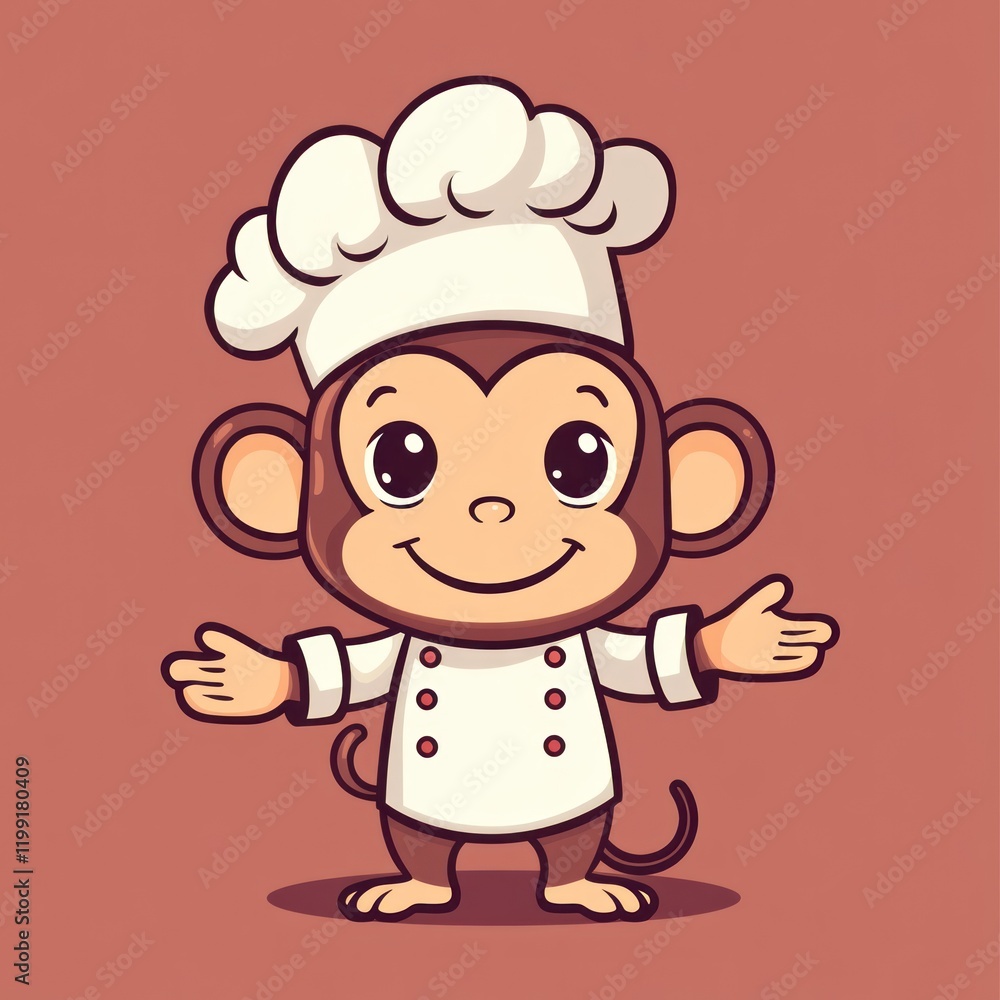 Cartoon monkey chef with white hat and coat against solid background for kitchen concepts Cartoon monkey chef with white hat and coat against solid background for kitchen concepts