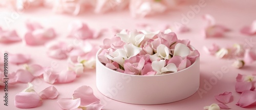 A delicate white bowl brimming with soft pink petals rests gracefully on a gentle pink surface, embodying the romance of Valentine's Day.