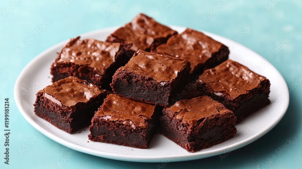 Rich, fudgy brownies arranged neatly on plate, showcasing glossy Rich, fudgy brownies arranged neatly on plate, showcasing glossy