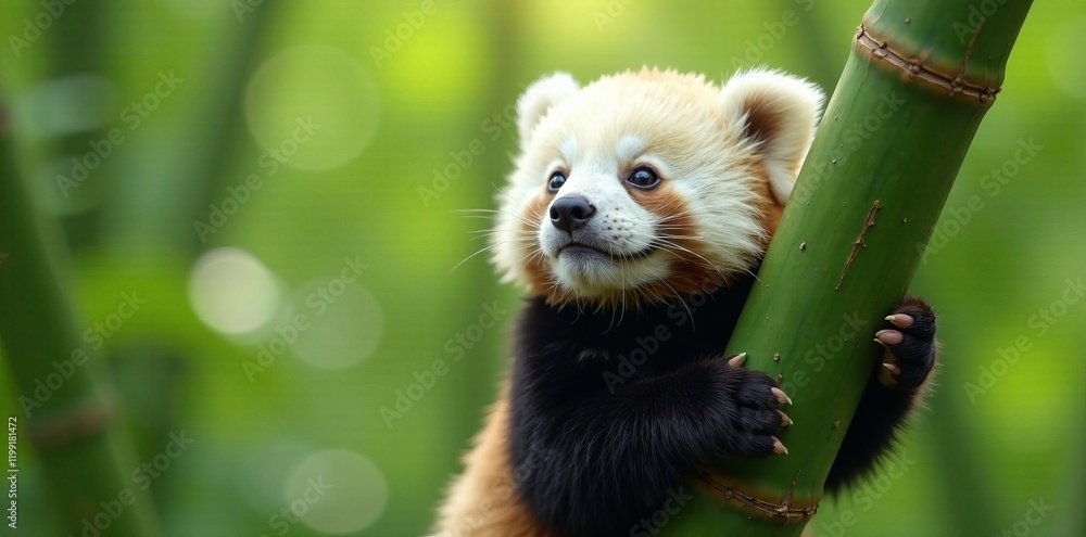 Obraz premium A cute red panda plays with a bamboo stick in a lush green environment.