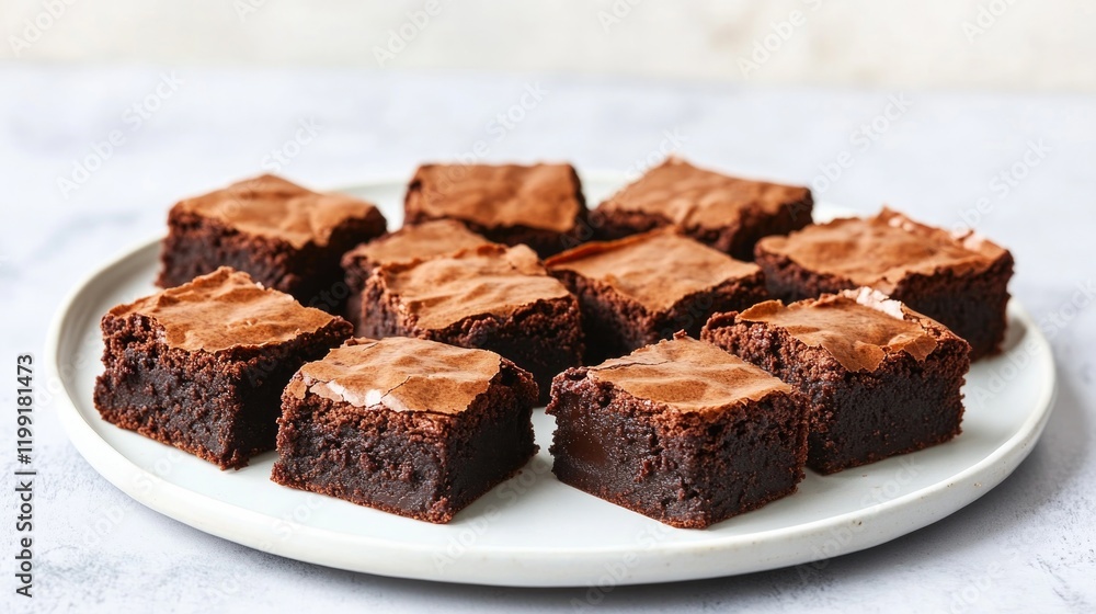 Decadent chocolate brownies arranged neatly on round plate invit Decadent chocolate brownies arranged neatly on round plate invit